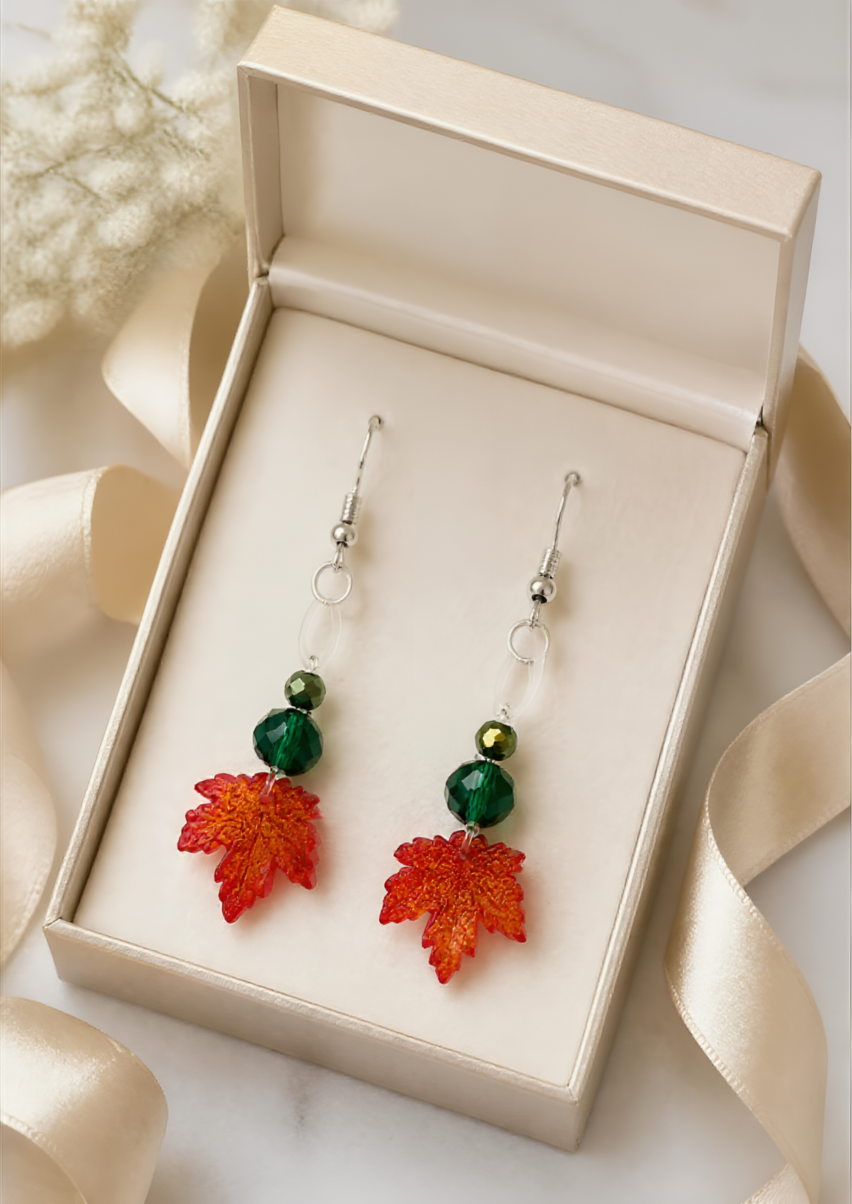 Boucles d'oreilles feuilles perles vertes