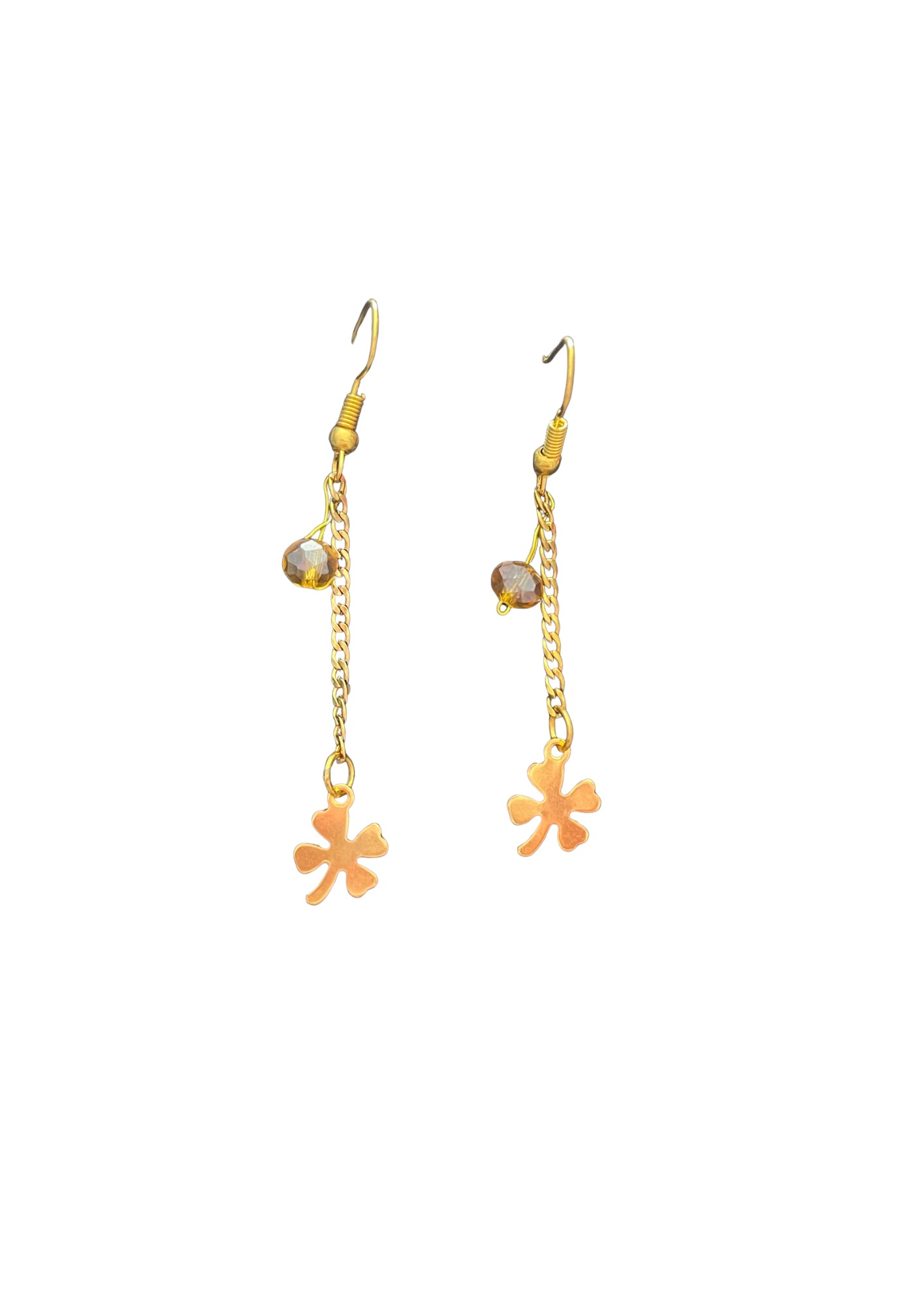 Boucles d'Oreilles Plaquées Or Trèfle et Cristal Ambré