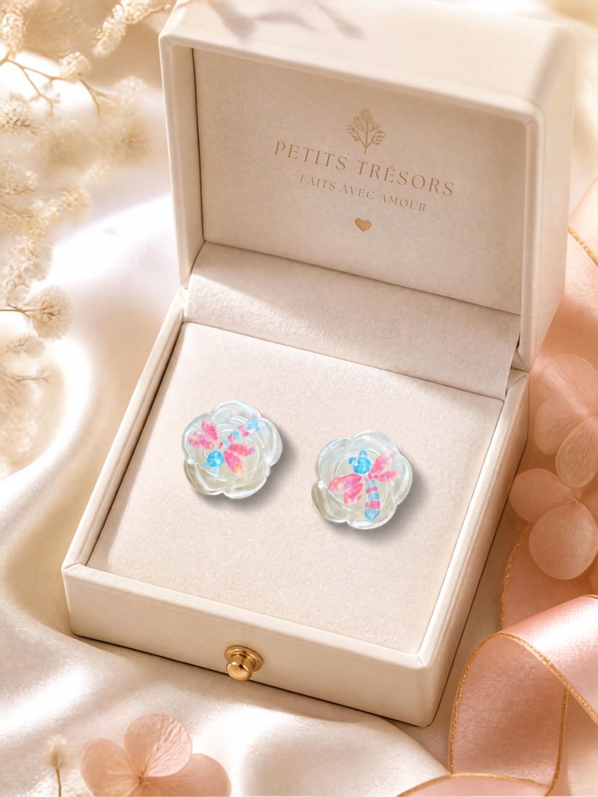 Boucles d'oreilles plaquées or puces Fleur & Libellule