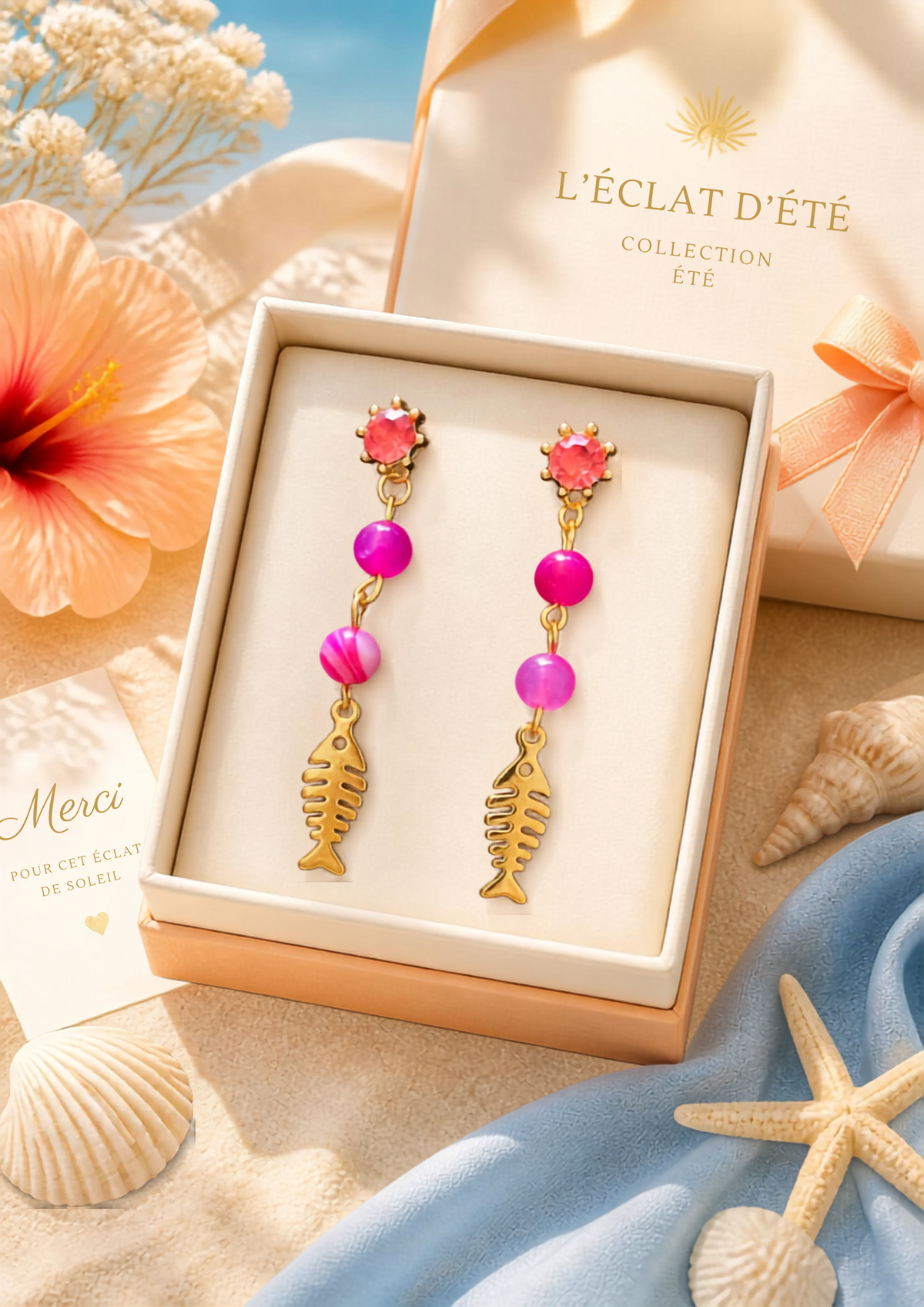 Boucles d'oreilles pendantes agate rose & charm poisson plaqués or
