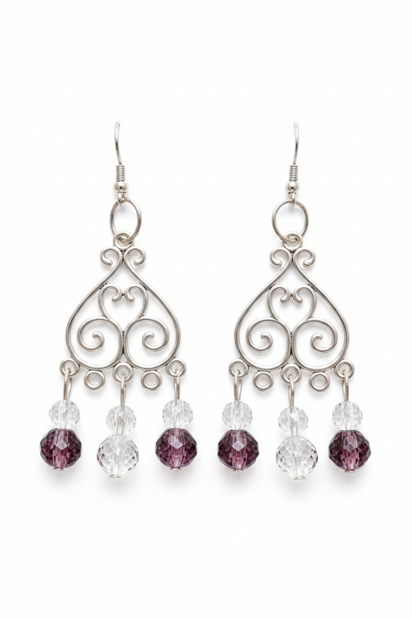 Boucles bohème argent cristal améthyste fond blanc
