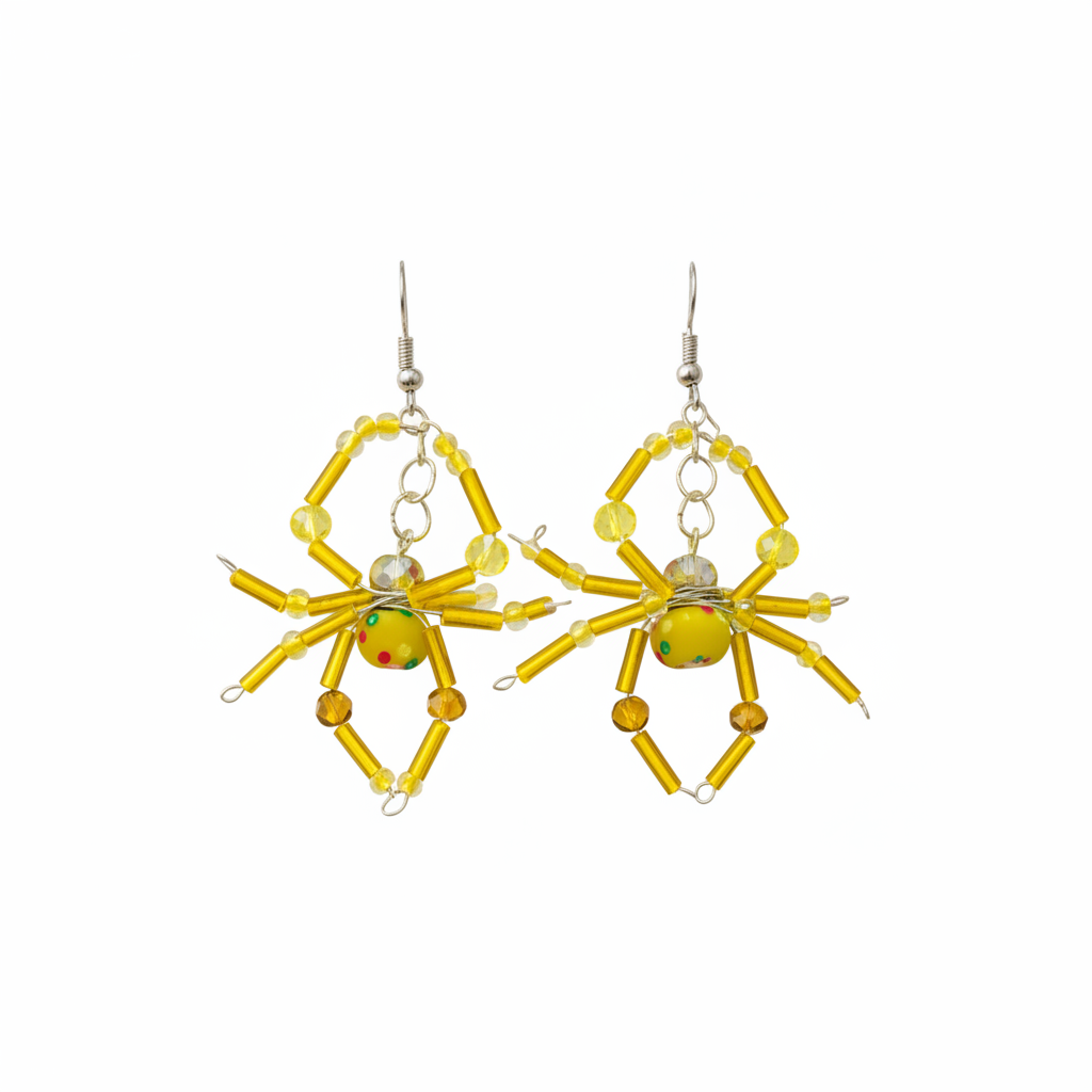 Boucles d'oreilles araignée jaune fond blanc