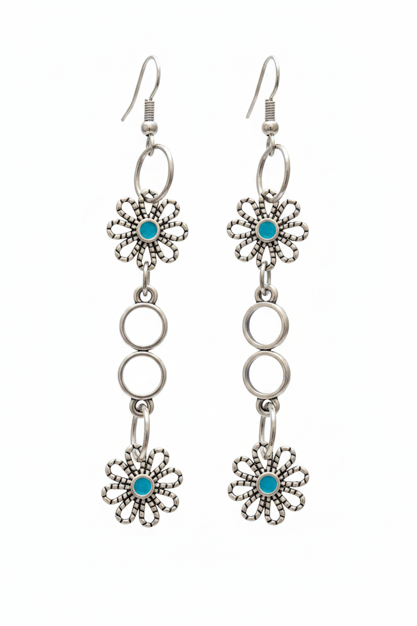 Boucles fleur argent turquoise cascade fond blanc