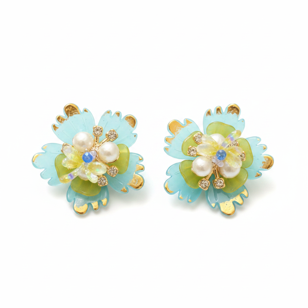 Boucles fleur bleue dorée fond blanc