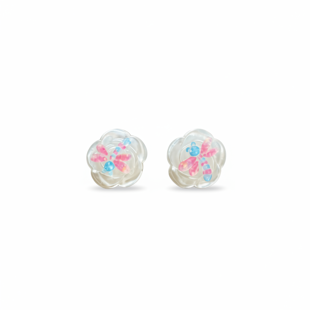 Boucles fleur libellule fond blanc