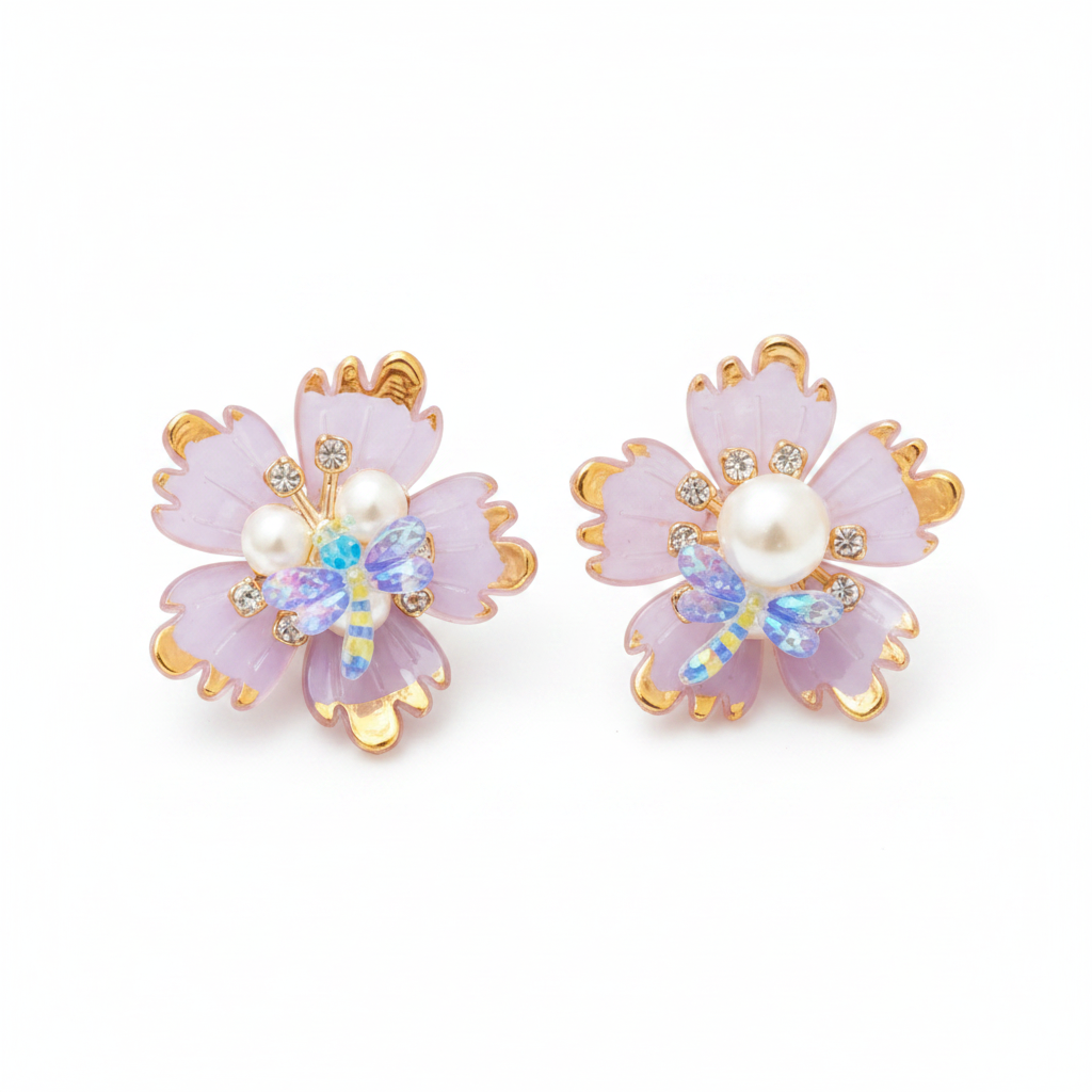 Boucles fleur mauve dorée libellule fond blanc