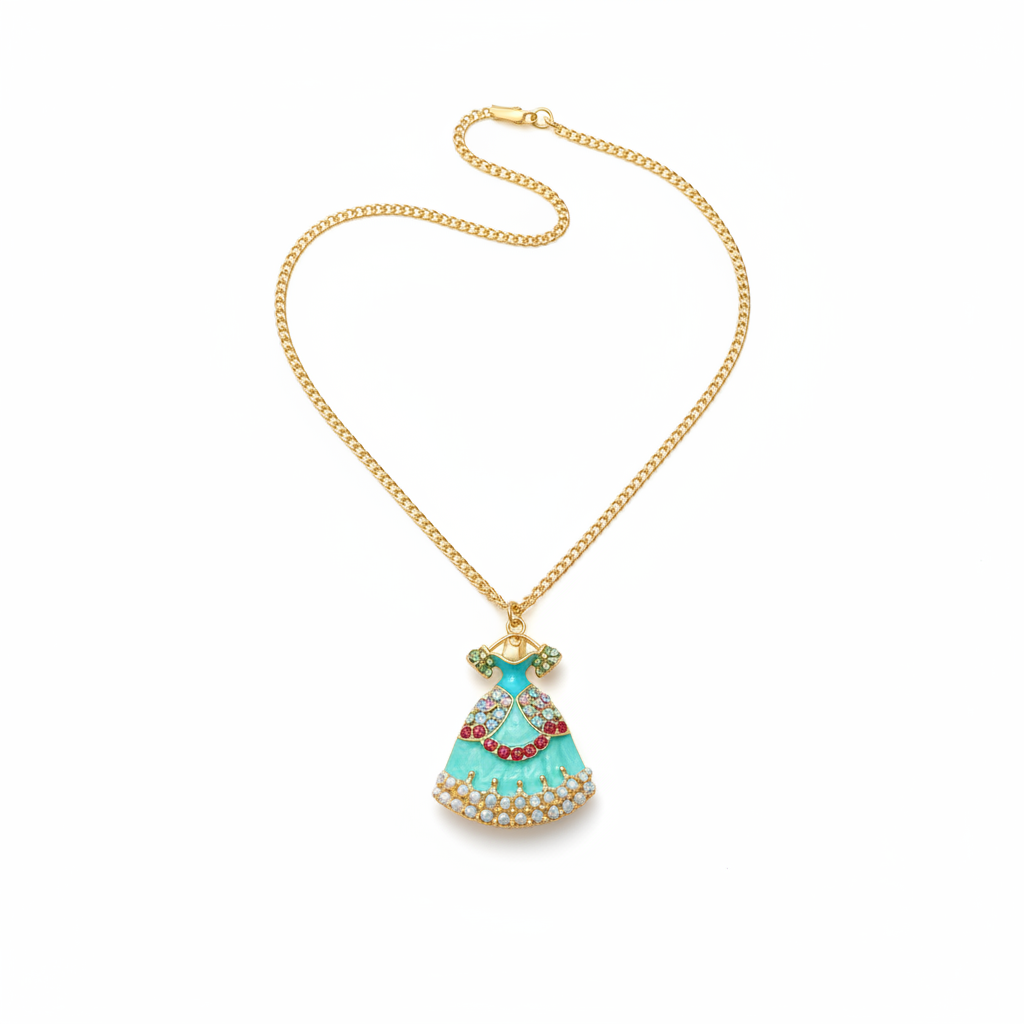 Collier robe bleue dorée fond blanc