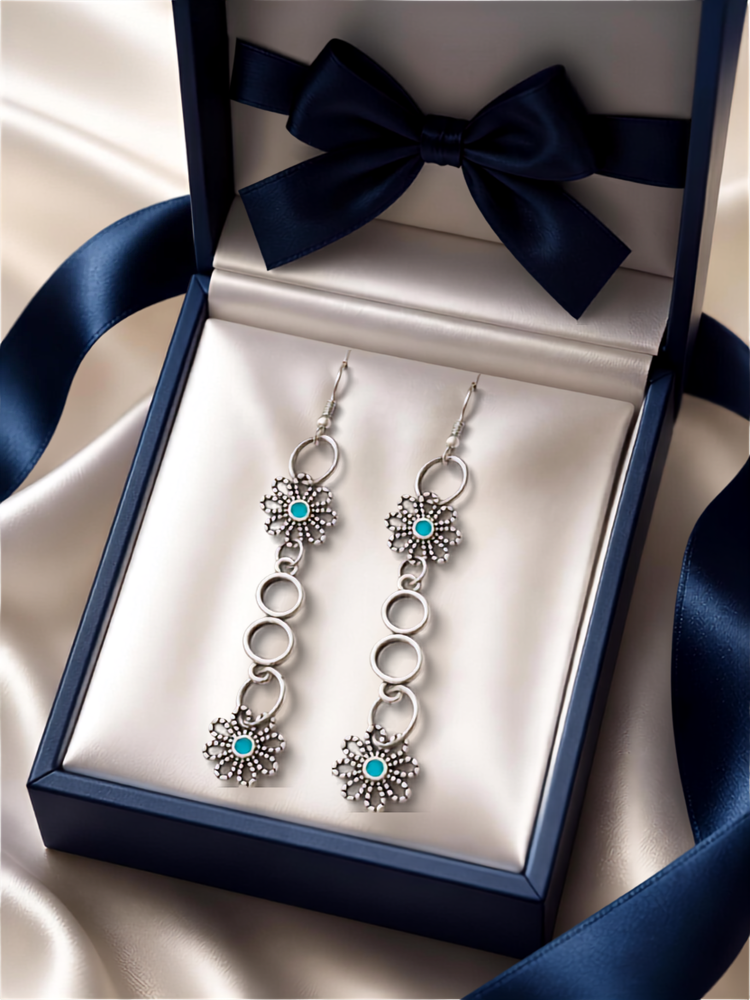 Boucles d'oreilles délicates ornées de fleurs bleues couleur argent