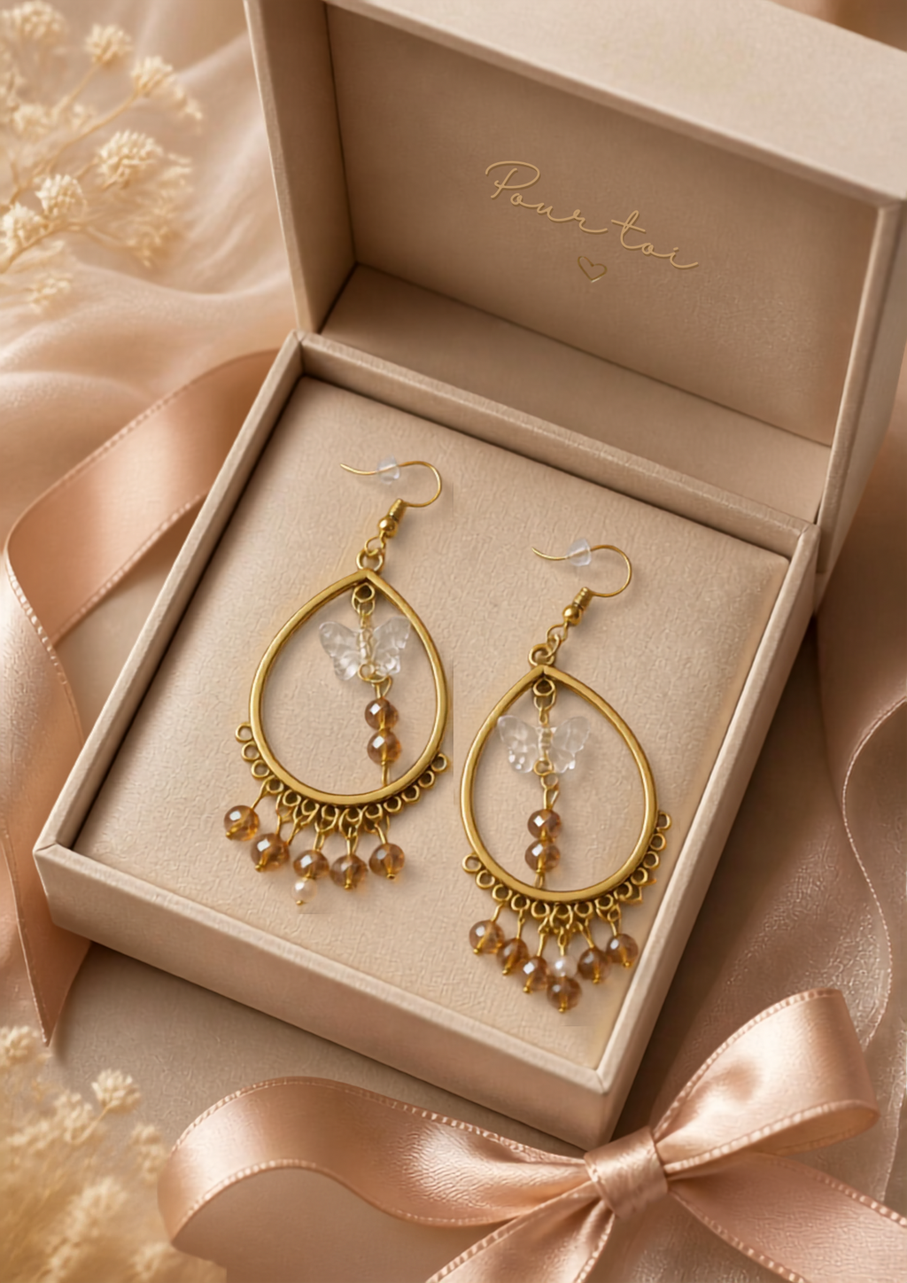 Boucles D'Oreilles Doré Papillons en cristal et perles de verre