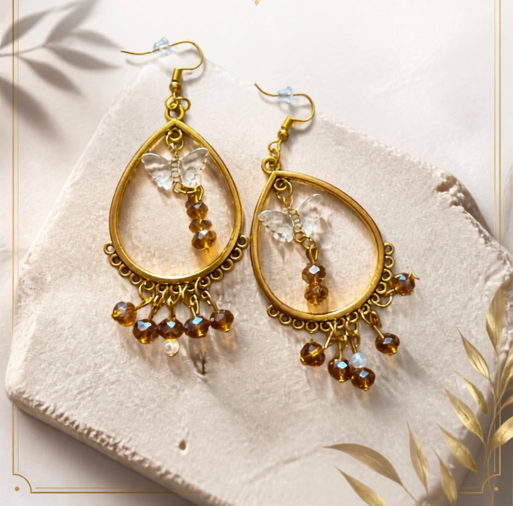 Boucles D'Oreilles Doré Papillons en cristal et perles de verre