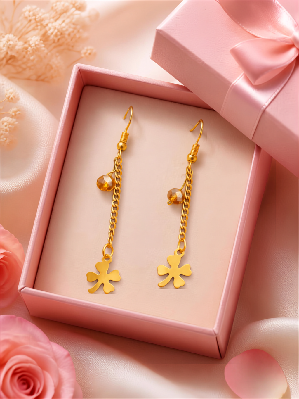 Boucles d’Oreilles Trèfle Plaquées Or – Cristal Ambré Artisanal – Creat'joux
