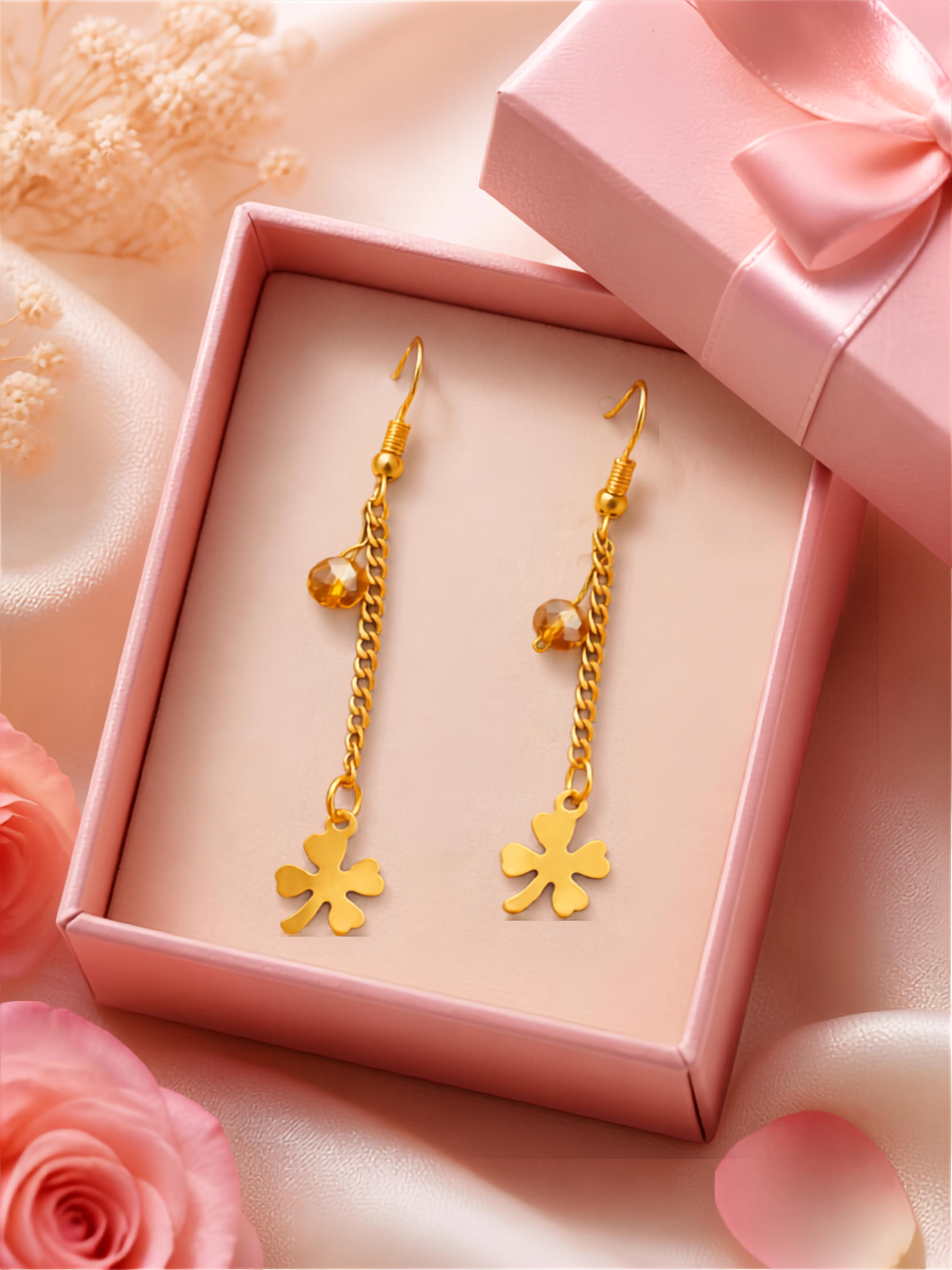 Boucles d'Oreilles Plaquées Or Trèfle et Cristal Ambré