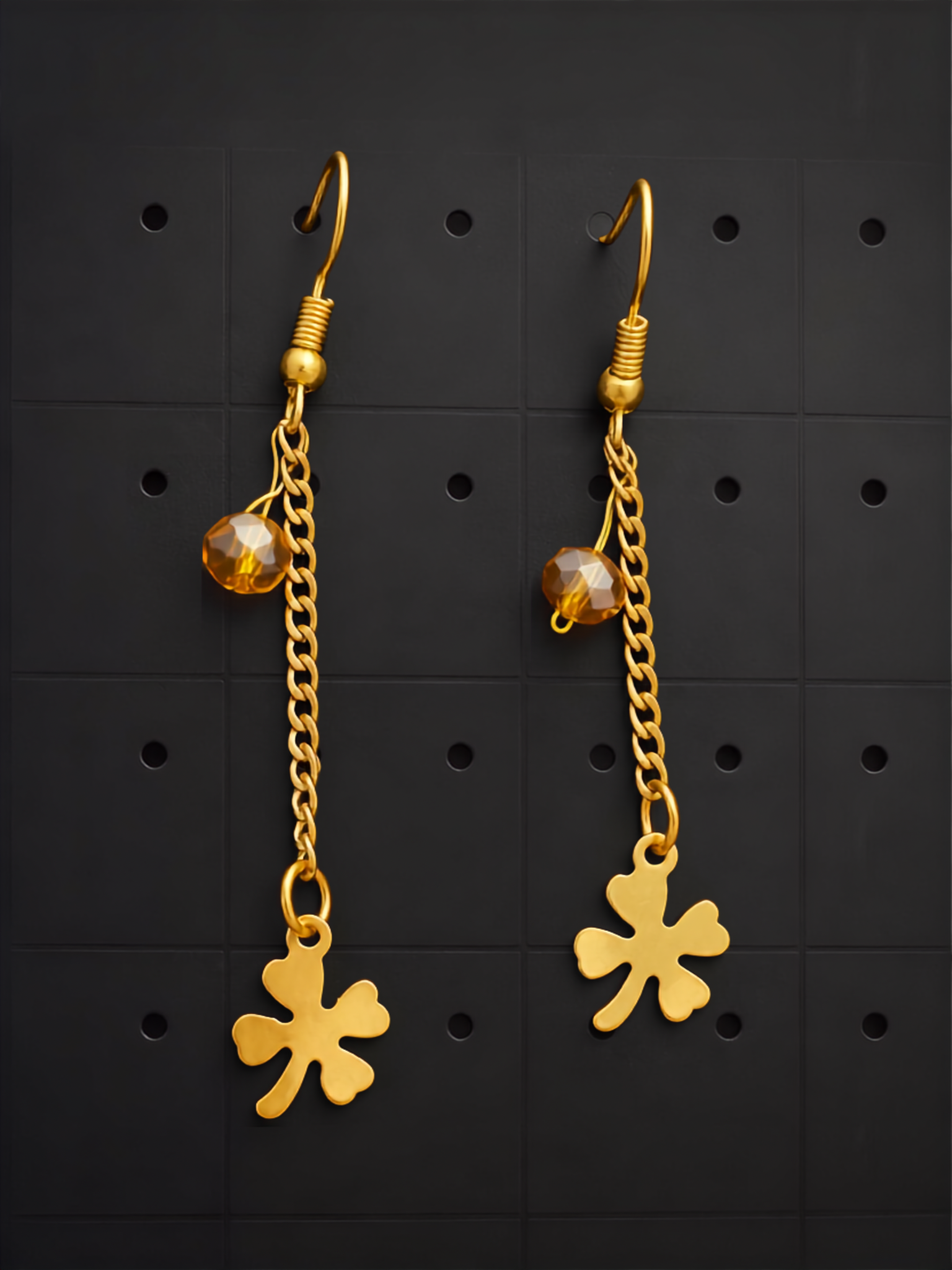 Boucles d'Oreilles Plaquées Or Trèfle et Cristal Ambré
